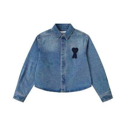 Ami Classic Heart Embroidered Cropped Denim Shirt 847