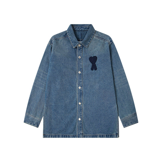Ami Classic Heart Embroidered Long-Length Denim Shirt 848