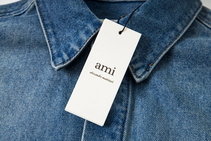 Ami Classic Heart Embroidered Cropped Denim Shirt 847